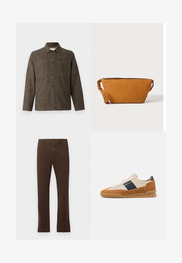 CLOSED WORKER SHIRT - Skjorter - rock beige; CLOSED CLIFTON TRUE - Chino - espresso brown; PS Paul Smith DOVER - Sneakers - cognac/off-white; Lys brun læder crossbody taske med justerbar rem og lynlås, vist mod en ensartet lys baggrund.