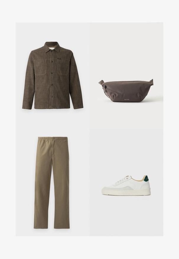 CLOSED WORKER SHIRT - Chemise - rock beige; Pantalons kaki en tissu léger. Dotés d'une taille élastique, d'une fermeture à boutons, de jambes droites et d'une texture lisse.; Baskets blanches avec des accents en daim, bout arrondi, lacets plats et semelle en caoutchouc crème. Présente une marque verte sur le talon.; Sac banane en tissu marron foncé avec poche zippée en diagonale et petit logo blanc sur le devant, sur un fond clair uni.