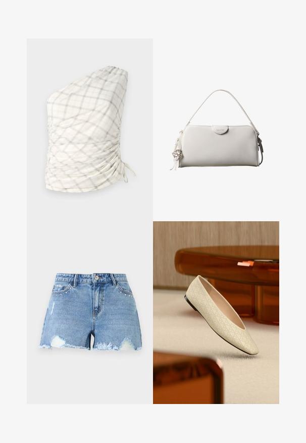 Haut à une épaule dans un motif léger à carreaux de crème, gris et jaune subtil. Présente des détails froncés et des accents à cordon.; Shorts en denim bleu avec ourlets effilochés, patchs déchirés, clous métalliques près des poches avant et une fermeture par bouton à la taille.; Chaussure plate beige avec des perforations géométriques flottant au-dessus d'un tapis clair dans une pièce avec des meubles de couleur ambre.; Sac à main rectangulaire blanc Calvin Klein avec une seule poignée, design minimaliste et pampilles décoratives avec un charm métallique géométrique sur le côté.