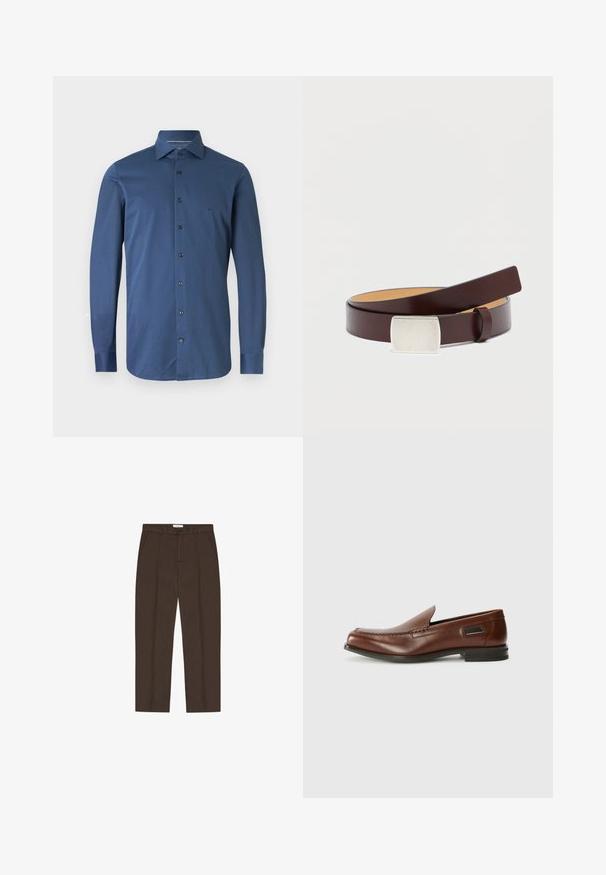 Chemise habillée pour homme à manches longues, à boutons, de couleur bleu foncé uni, avec un col pointu et une coupe ajustée.; Pantalon marron sur mesure avec jambe droite, passants de ceinture, poches avant, bouton à l'avant et fermeture éclair.; Stuart Weitzman BURT - Chaussons - auburn; Ceinture en cuir marron avec une boucle rectangulaire en argent, texture lisse et doublure intérieure plus claire contrastante. Design simple et classique.