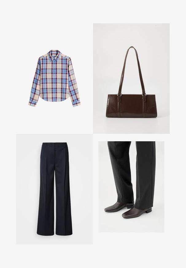 Chemise à manches longues avec un motif tartan multicolore incluant des teintes de bleu, de bordeaux et de beige, confectionnée dans un tissu lisse. Col classique.; Pantalon à jambes larges bleu marine foncé, en tissu lisse. Il présente une ceinture cintrée et des plis devant, conçu pour une coupe décontractée.; Chaussures en cuir marron foncé avec un bout carré et un petit talon bloc, portées avec un pantalon noir sur mesure, affichant une apparence élégante et polie.; Sac à main en cuir verni marron de forme rectangulaire, avec deux longues poignées et des accents courbés subtils à l'avant.