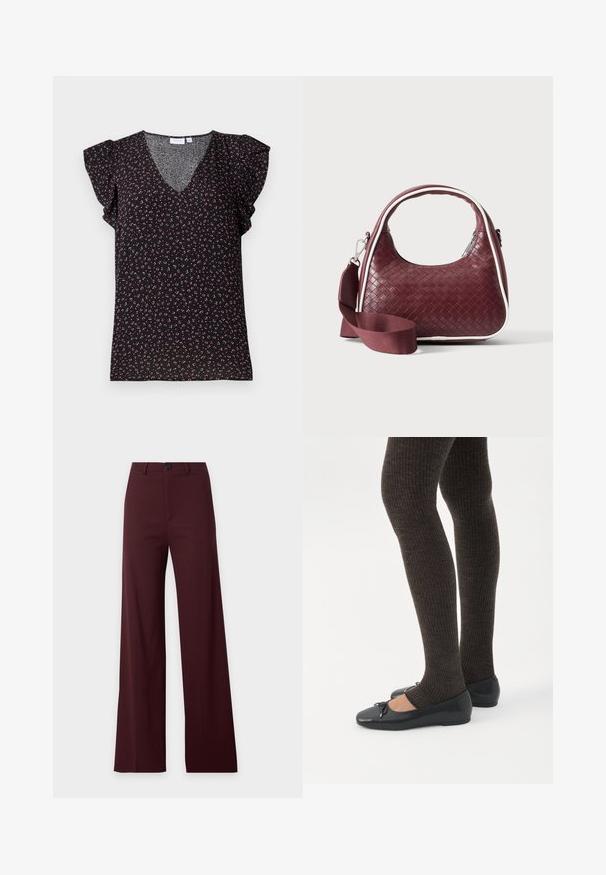 Zwarte blouse met korte mouwen, voorzien van een V-hals en gerimpelde mouwen, versierd met een roze en groene bloemenpatroon op een gestructureerde stof.; Donker bordeaux wijde broek met hoge taille, riemlussen, voorste knoop en rits.; Benen met donkere geribbelde leggings gecombineerd met zwarte ballerina's met kleine strikdetails op een witte achtergrond.; Donkerrode geweven leren handtas met gebogen handvat, witte bies, zilveren rits en afneembare brede stoffen schouderriem tegen een effen achtergrond.