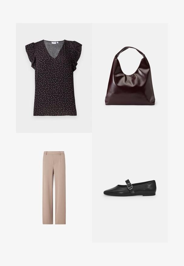 Blusa negra de manga corta con cuello en V y mangas con volantes, decorada con un patrón floral en tonos rosa y verde sobre un tejido texturizado.; Pantalones beige de talle alto y pierna ancha con trabillas, pinzas delanteras y cierre delantero oculto.; Zapato plano de cuero negro con punta redondeada, una sola correa ajustable con hebilla y una textura suave y brillante. Diseño minimalista con un tacón bajo.; Bolso tote vegan de cuero brillante en burdeos, con una forma suave y escultórica y un asa ancha y curvada para facilitar el transporte.