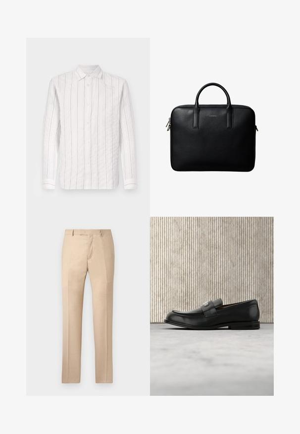 Witte button-up shirt van gestructureerde stof met dunne zwarte verticale strepen, een klassieke kraag en lange mouwen met knoopmanchetten.; Beige op maat gemaakte broek met een gladde textuur, een rechte voorkant en rechte pijpen. Voorzien van riemlussen en een verborgen ritssluiting.; Zwarte leren loafer met een metalen merktekenplaatje, rustend bij een bruine ronde tafel op een beige tapijtvloer.; Zwarte gestructureerde leren aktetas met dubbele handvatten en zilveren ritstrekkers, gecentreerd op een witte achtergrond.