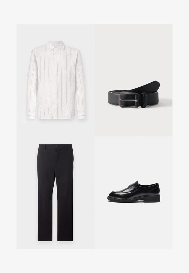 Witte button-up shirt van gestructureerde stof met dunne zwarte verticale strepen, een klassieke kraag en lange mouwen met knoopmanchetten.; Zwarte rechte broek met riemlussen en een knoopsluiting aan de voorkant op een witte achtergrond.; Zign by Zalando LEATHER - Zakelijke loafers - black; Zwarte leren riem opgerold met een rechthoekige zilveren metalen gesp op een effen lichte achtergrond.