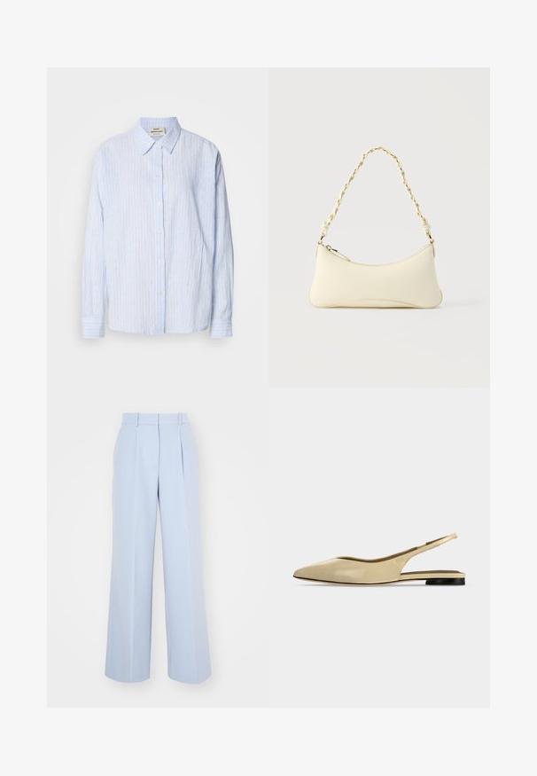 Camisa de botón a rayas azul claro con cuello clásico, mangas largas y un ajuste relajado, con franjas verticales estrechas en colores contrastantes.; Pantalones de pierna ancha en azul claro con una cintura alta, que presentan pliegues en la parte delantera, confeccionados en una tela suave y tejida. Sin herrajes visibles.; Zapato plano beige con puntera puntiaguda, diseño slingback, tacón bajo negro y acabado en cuero liso, mostrado de perfil sobre un fondo liso.; Bolso pequeño de color crema con forma curva y asa de cadena trenzada en tono dorado, cierre con cremallera en la parte superior