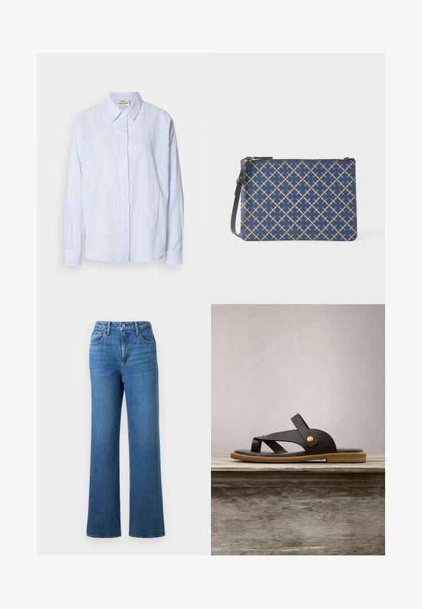 Lichtblauw gestreept overhemd met knoopsluiting, een klassieke kraag, lange mouwen en een ontspannen pasvorm, met smalle verticale strepen in contrasterende kleuren.; Blauwe denim jeans met hoge taille en rechte pijpen, voorzien van voor- en achterzakken, riemlussen en een sluiting met knoop en rits.; Zwarte leren teenslipper met gekruiste banden, beige rubberen zool en een messing accent. Geplaatst tegen een houten oppervlak met een groene achtergrond.; Marineblauwe clutch met goudkleurig geometrisch patroon, ritssluiting en afneembare zwarte band. Geëffende afwerking met een slanke rechthoekige vorm.
