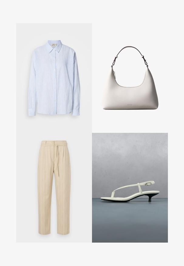 Lyseblå stribet button-up skjorte med klassisk krave, lange ærmer og en afslappet pasform, med smalle vertikale striber i kontrasterende farver.; Beige stribede bukser med en afslappet pasform, der har en indsnævret talje, knaplukning og bælte med slipseanordning, lavet af letvægtsstof.; Hvid sandal med stropper og kitten-hæl med spids tå, svævende over et trægulv udendørs med en sløret plante og væg i baggrunden.; Cremefarvet skuldertaske i læder fra Calvin Klein med buet topkant, sølvfarvet lynlås og mørkebrun justerbar rem.
