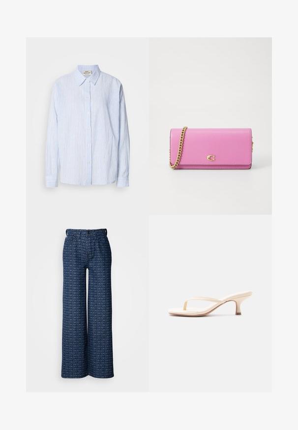 Lyseblå stribet button-up skjorte med klassisk krave, lange ærmer og en afslappet pasform, med smalle vertikale striber i kontrasterende farver.; Bredde denimbukser med et gentaget mønster af marineblå og lyseblå DKNY-logo, med forlommer og knaplukning.; Beige åben tå hælsandal med tøffelrem og lav kittenhæl, vist i sideprofil mod en enkel hvid baggrund.; Rosa læderpung med en guld kædestropp, der har en frontklap og præget logo. Glat tekstur med minimalistisk design.