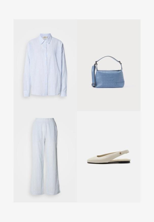 Lyseblå stribet button-up skjorte med klassisk krave, lange ærmer og en afslappet pasform, med smalle vertikale striber i kontrasterende farver.; Lyseblå brede bukser med lodrette hvide og røde striber. Har en elastisk talje og sidelommer. Glat bomuldsagtig tekstur.; Flatsko i cremefarvet læder med rundet tå og lille guldemblem på remmen.; Lyseblå taske med krokodillepræg, kort håndtag og aftagelig skulderrem. Glat tekstur med lynlås.