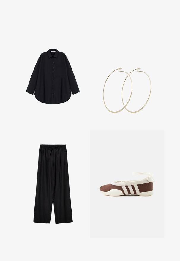 Chemise noire à boutons, fabriquée dans un tissu texturé. Dispose d'un col pointu, de manches longues, d'une poche poitrine et d'un ourlet arrondi.; Pantalon ample noir à taille élastique avec cordon de serrage devant, fabriqué en tissu léger.; Chaussure plate de ballet marron et blanche avec trois bandes blanches et un nœud à nouer à la cheville sur un fond clair uni.; Pilgrim Boucles d'oreilles - gold-coloured