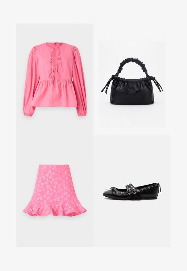 Blouse en coton rose avec un col rond, des manches longues bouffantes et un détail à nouer à l'avant. Présente une taille froncée et une coupe décontractée.; Jupe évasée rose avec des motifs floraux embossés, un ourlet festonné et une texture lisse. Longueur au-dessus du genou avec une taille ajustée.; Chaussure de ballet plate noire avec doubles brides à boucle, œillets argentés et petit nœud près de l’orteil arrondi sur fond blanc.; Sac à main noir avec texture crocodile, bord supérieur froncé, poignée plissée et pompons à cordon de chaque côté sur fond blanc.