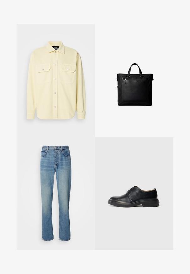 Helles gelbes Langarmhemd aus weichem Stoff, mit Knopfverschluss vorne, zwei Brusttaschen und silbernen Knöpfen als Detail.; Helle blaue, gerade geschnittene Denim-Jeans mit hoher Taille, vorderem Knopf, Reißverschluss und Fünf-Taschen-Design.; Schwarze Leder-Oxfords mit runder Zehenpartie, Schnürung an der Vorderseite und niedrigem, gestapeltem Absatz vor einem schlichten, hellen Hintergrund.; Schwarze Tragetasche mit Doppelgriffen, großer vorderer Ledertasche mit Reißverschluss und dezentem Calvin Klein-Logo in der Mitte der Tasche.