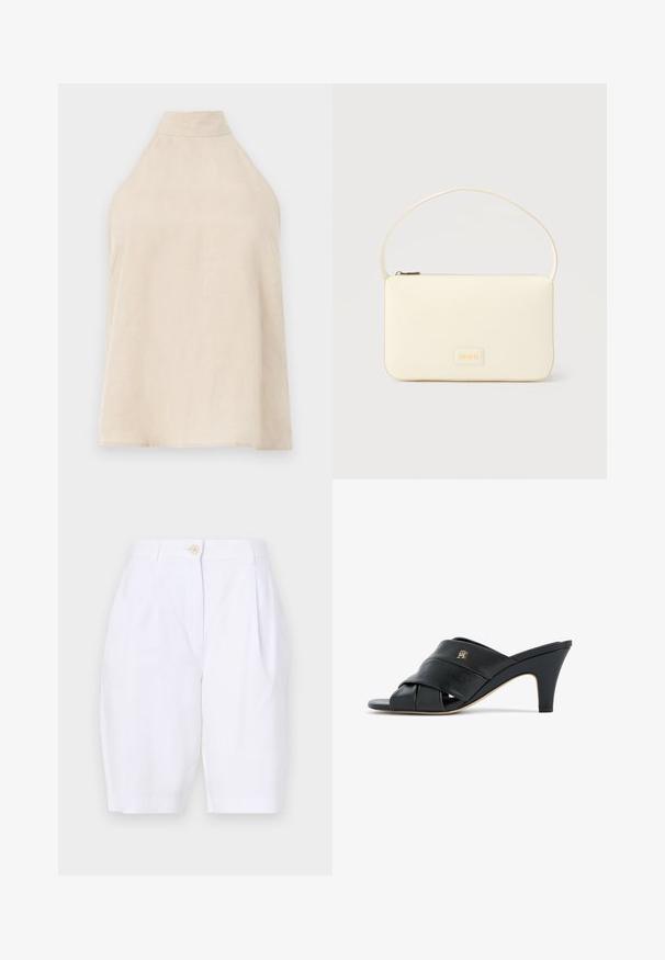 Haut halter beige, sans manches, en tissu doux avec une texture lisse, col montant et silhouette évasée. Style minimaliste.; Shorts blancs, jusqu'aux genoux, en tissu léger avec un devant plissé et une fermeture à bouton en bois unique à la taille.; Mule à talon ouvert en cuir noir avec des lanières croisées et un petit logo métallique sur le côté, talon conique de hauteur moyenne, bord de semelle beige.; Sac à main rectangulaire de couleur crème avec une seule sangle et une fermeture éclair sur le dessus, comportant une petite plaque de logo embossé à l'avant.
