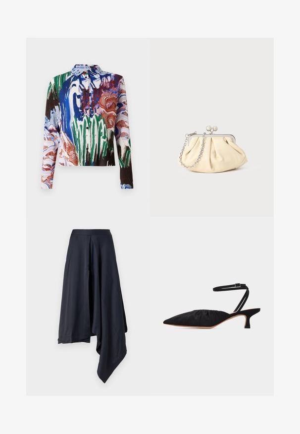 Henrik Vibskov SLOPE - Chemisier - multi coloured; Jupe midi satin navy avec un ourlet asymétrique, dotée d'une texture lisse et de drapés subtils. Taille ajustée sans fermetures visibles.; Chaussure noire à talon bas et bout pointu avec dessus froncé et fine bride de cheville à boucle, vue de profil sur fond blanc.; Pochette en cuir beige plissé avec un cadre en métal argenté, dotée de deux fermoirs ronds décoratifs et d'une chaîne en argent.