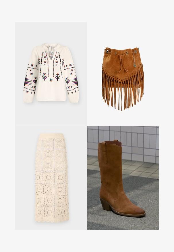 Blouse blanche à manches longues avec broderie florale géométrique colorée, col en V avec petit col montant et poignets élastiques.; Malina KAHLO - Jupe longue - cream; Botte de cowboy en daim marron unique avec un talon empilé sur un trottoir gris à côté d'un mur carrelé beige.; Sac seau en suédine marron avec des franges, fermeture à cordon, œillets en métal et un charm. Présente une finition texturée et un design triangulaire à l'avant.