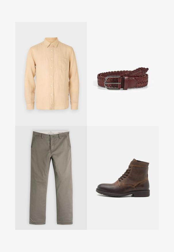 Beige Leinenhemd mit langen Ärmeln, Button-Down-Kragen, Fronttasche und einer glatten, leicht strukturierten Oberfläche. Klassische Passform und schlichtes Design.; Herren-Hosen in Khakigrün mit geradem Bein, vorderen Taschen, Gürtelschlaufen und Knopfverschluss, auf einem weißen Hintergrund flach ausgelegt.; Jack & Jones JFWDELANEY BOOT - Schnürstiefelette - cognac; Geflochtener brauner Leder-Gürtel mit einer silbernen rechteckigen Schnalle, glatter Textur und geflochtenem Design, das Flexibilität und Stil verbessert.