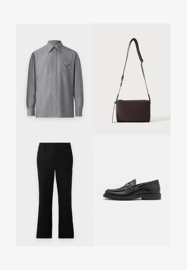 Chemise grise à boutonner avec des manches longues, un col pointu et une poche sur la poitrine gauche avec un détail de rabat triangulaire. Texture lisse.; Pantalons évasés noirs en tissu mélangé coton, dotés d'une fermeture à bouton, de passants de ceinture et d'une texture lisse sans motifs visibles.; Mocassins en cuir noir avec un embout rond, présentant des accents en métal doré et des détails de couture, montés sur une semelle en caoutchouc texturé et basse.; Sac bandoulière en cuir marron foncé texturé avec une sangle réglable et un petit accent décoratif bleu sur le côté.