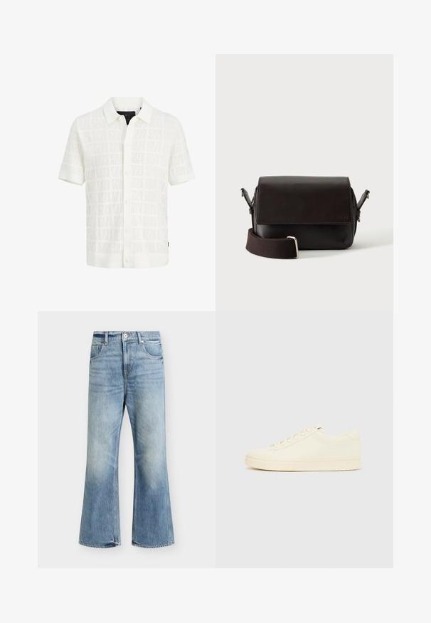 Chemise blanche à manches courtes, boutonnée, avec col et motif carré texturé sur fond uni.; Jean bleu clair taille haute jambe large, fermeture devant par bouton et zip, deux poches avant et délavage subtil sur les cuisses et les genoux.; Baskets couleur crème avec une tige en cuir lisse, bout arrondi, laçage à l'avant et semelle en caoutchouc texturée. Design minimaliste, sans logo.; Sac bandoulière en cuir marron foncé avec fermeture à rabat et sangle en tissu réglable sur fond blanc.