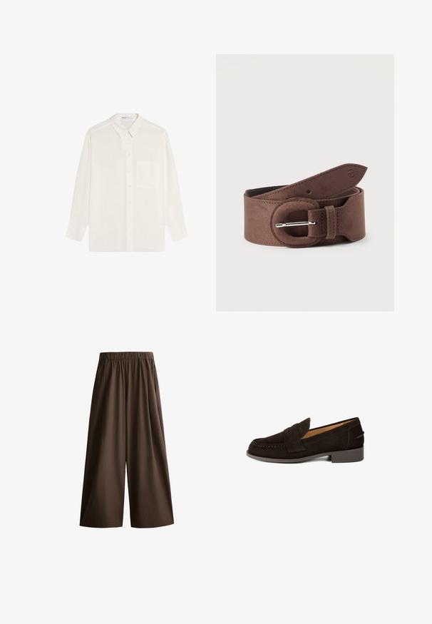 Chemise blanche à manches longues avec col et une poche poitrine unique, affichée à plat sur un fond blanc.; Pantalon marron à jambes larges avec taille élastique et poches latérales, fabriqué en tissu léger.; Mocassin en daim marron avec un bout arrondi, une lanière décorative de type penny, des détails cousus et un petit talon en caoutchouc texturé.; Large ceinture en daim marron avec une boucle arrondie et une ardillon en métal, enroulée sur un fond blanc.