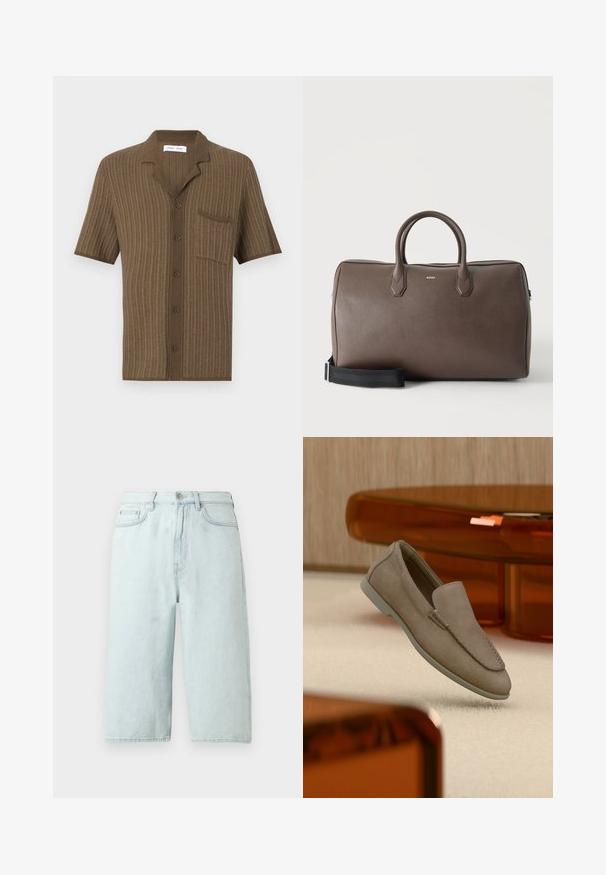 Brun kortærmet skjorte med et tekstureret strikkemønster, en klippet krave, 5 knapper og en enkelt brystlomme.; Lyseblå denimshorts med lige ben, mellemhøj talje, forlommer og en enkelt baglomme, afsluttet med diskret syning.; Beige ruskind slip-on loafer med synlige syninger og lys sål, placeret over cremefarvet tæppe med orange gennemsigtigt møbel i baggrunden.; Brun læder duffel taske med to håndtag, en sort justerbar skulderrem og et lille "BOSS" logo på fronten i midten.