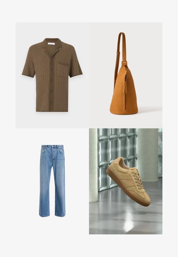 Brun kortærmet skjorte med et tekstureret strikkemønster, en klippet krave, 5 knapper og en enkelt brystlomme.; Lyseblå denim jeans med lige ben-design, fem lommer, knaplukning, minimal falming og kontraststingdetaljer.; Beige ruskind sneaker med gummisål, snørelukning, svæver indendørs på poleret betongulv nær glasblokvæg.; Tan læder crossbodytaske med justerbar rem og lodret lynlåslomme, vist fra siden mod en ensfarvet lys baggrund.
