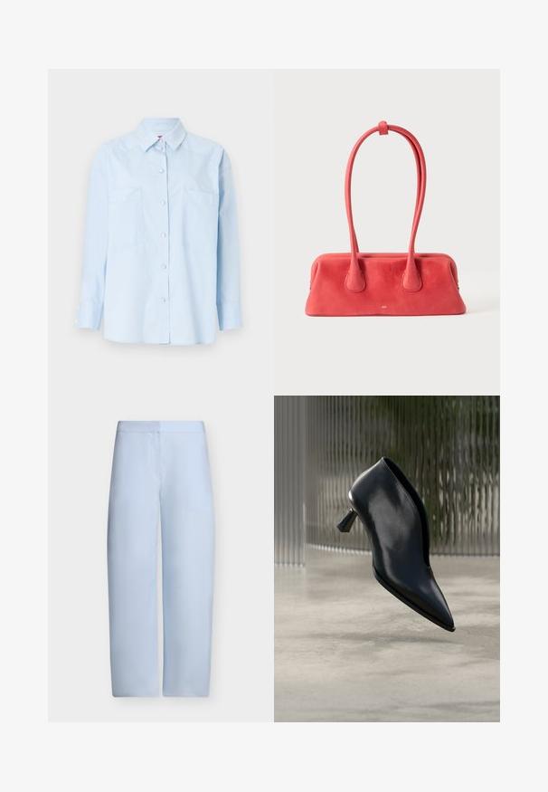 Helles blaues Hemd mit langen Ärmeln, zwei vorderen Taschen und einem Kragen. Hat eine solide Textur und ärmelspezifische Knopfdetails.; Hellblaue, hoch taillierte, weit geschnittene Hose mit glatter Vorderseite ohne sichtbare Taschen oder Verzierungen.; Schwarzer, spitz zulaufender Leder-Stiefelette mit eng anliegendem Design und einzigartig geformtem mittelhohem Absatz auf glattem Betonboden.; Rote Ledertasche mit einem langen, dünnen Griff, oben geschlungen und befestigt, vor einem einfachen hellen Hintergrund dargestellt.