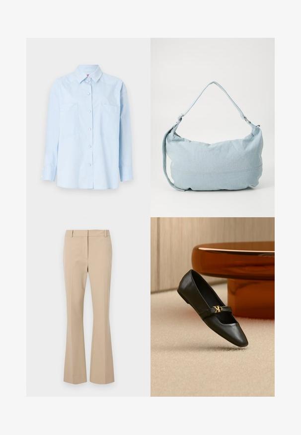 Helles blaues Hemd mit langen Ärmeln, zwei vorderen Taschen und einem Kragen. Hat eine solide Textur und ärmelspezifische Knopfdetails.; Beige Stoffhose mit geradem Schnitt, flachem Bund, Gürtelschlaufen und glatter Textur. Keine sichtbaren Taschen oder Muster.; Schwarzer flacher Lederschuh mit spitzer Kappe und goldenem CK-Logo auf dem Riemen, auf beigem Teppich neben einem runden bernsteinbraunen Tisch platziert.; Hellblaue Denim-Schultertasche mit runder Form, verstellbarem Gürtel und subtilen Nähten am unteren Rand. Weiche Textur.