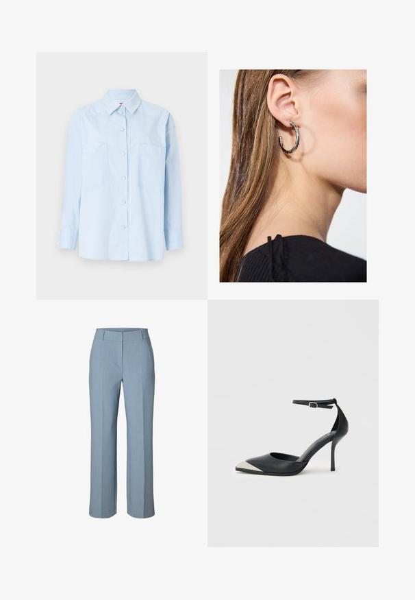 Helles blaues Hemd mit langen Ärmeln, zwei vorderen Taschen und einem Kragen. Hat eine solide Textur und ärmelspezifische Knopfdetails.; Hellblaue Hose mit geradem Bein, Bund und Gürtelschlaufen, vorderer Bügelfalte und einem sauberen, maßgeschneiderten Design.; Schwarzer High Heel mit spitzer Schuhspitze, silberner Metallkappe an der Spitze und Knöchelriemen mit Schnallenverschluss auf weißem Hintergrund.; Silberne Creolen mit polierter Oberfläche, die kleine goldene Akzentdetails und eine runde Form aufweisen, am Ohrläppchen getragen.