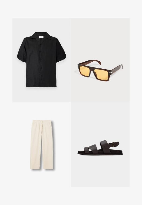 Chemise noire à manches courtes avec col camp, cinq boutons noirs sur le devant et une étiquette à l'intérieur de l'encolure.; Pantalon beige à taille élastique avec cordon et poches latérales, coupe droite, présenté sur un fond blanc plat.; Sandale en cuir marron foncé avec trois larges brides, une bride de cheville avec boucle réglable et une semelle plate sur fond blanc.; Lunettes de soleil rectangulaires en écaille avec de larges montures et des verres teintés jaunes sur fond blanc.
