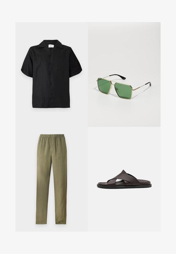 Chemise noire à manches courtes avec col camp, cinq boutons noirs sur le devant et une étiquette à l'intérieur de l'encolure.; Pantalon décontracté vert olive clair avec taille élastique et jambes droites, fabriqué en tissu léger.; Stuart Weitzman BERKLEY - Mules - espresso; Lunettes de soleil en métal doré avec des verres verts, de forme géométrique, et des embouts de branches en plastique noir. Construction légère avec des accents subtils.