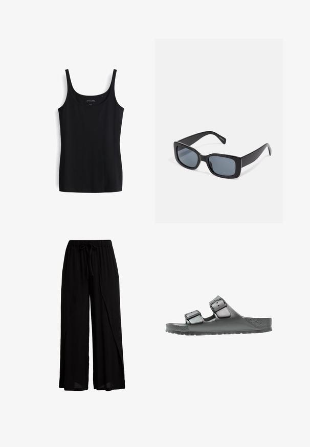 Schwarzes Tanktop mit dünnen Trägern, aus weichem, dehnbarem Material. Hat ein einfaches, enganliegendes Design und einen runden Ausschnitt.; Schwarze, weit geschnittene Hose aus leichtem Stoff, mit elastischem Bund und Kordelzug, im entspannten Schnitt und drapiertem Design.; Graue Sandale mit zwei verstellbaren Riemen, strukturiertem Finish, breitem Fußbett und einer konturierten Sohle für Komfort. Leichtgewichtige und flexible Konstruktion.; Schwarze rechteckige Sonnenbrille mit dunkel getönten Gläsern, dickem Kunstrahmen und breiten Bügeln. Glatte Oberfläche und kantiges Design.