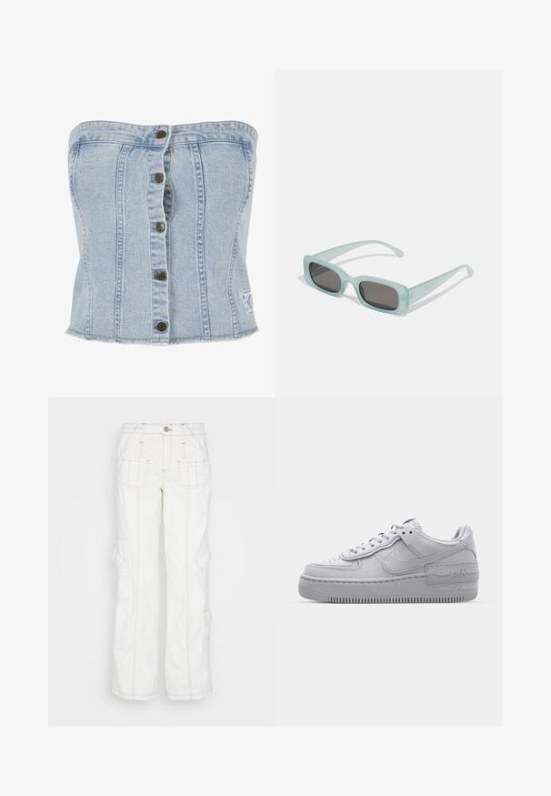 Karl Kani Pluus - light blue; BDG Urban Outfitters Avar lõikega teksad - white; Hallitus hallid Nike Air Force 1 sneakerid, millel on augustatud varvas, siledast nahast ülemine osa, paks tall ning reljeefne 'AIR' detail kontsapadjal.; Kaks ümmargust päikeseprilli, millel on helesinised poolläbipaistvad raamid ja tumehallid objektiivid, sirged tempud ja minimaalsete detailidega riistvara.