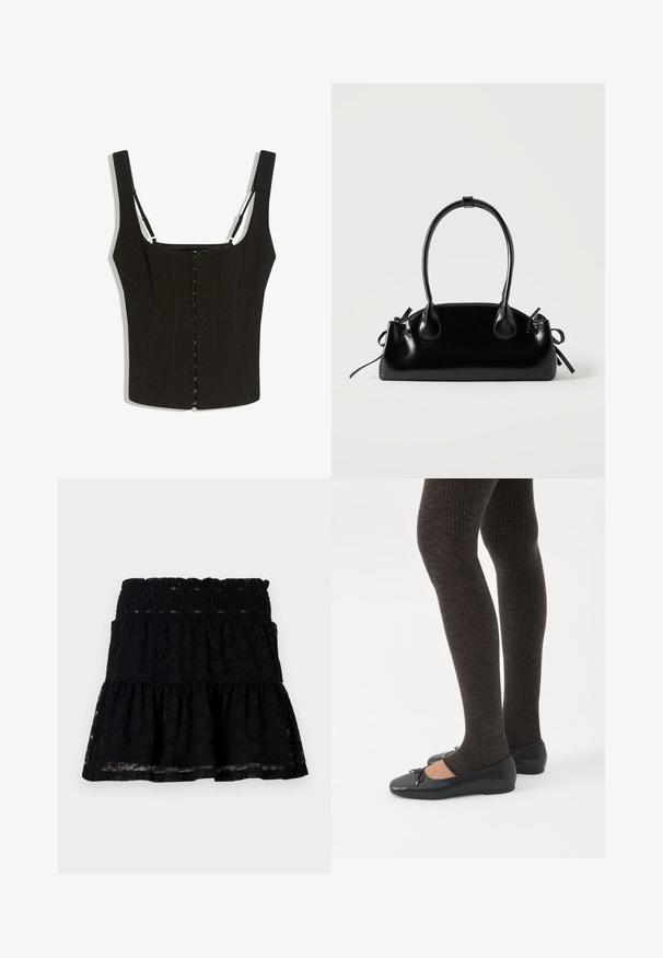 Haut noir ajusté sans manches avec larges bretelles, fermeture devant à agrafes, et fines bretelles réglables sur fond blanc.; Jupe en dentelle noire avec une taille élastique. Caractéristiques d'un design évasé et à plusieurs niveaux, avec une texture transparente, créant une apparence en couches.; Jambes portant des leggings côtelés foncés associés à des ballerines noires avec de petits détails en nœud sur fond blanc.; Petit sac à main noir brillant avec deux longues anses et des détails à cordon sur les côtés sur un fond clair uni.