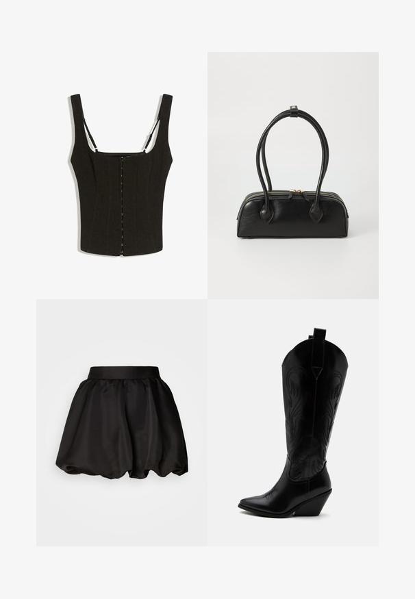 Haut noir ajusté sans manches avec larges bretelles, fermeture devant à agrafes, et fines bretelles réglables sur fond blanc.; Jupe en satin noir avec une large ceinture, présentant une forme bulle volumineuse. Texture lisse sans motifs ni détails en métal visibles.; Botte de cowboy en cuir noir avec bout pointu, talon bloc incliné, couture décorative et languettes en haut sur fond blanc.; Sac à main en cuir noir avec deux anses allongées, fermeture éclair et forme arrondie ; texture lisse avec une finition légèrement brillante.