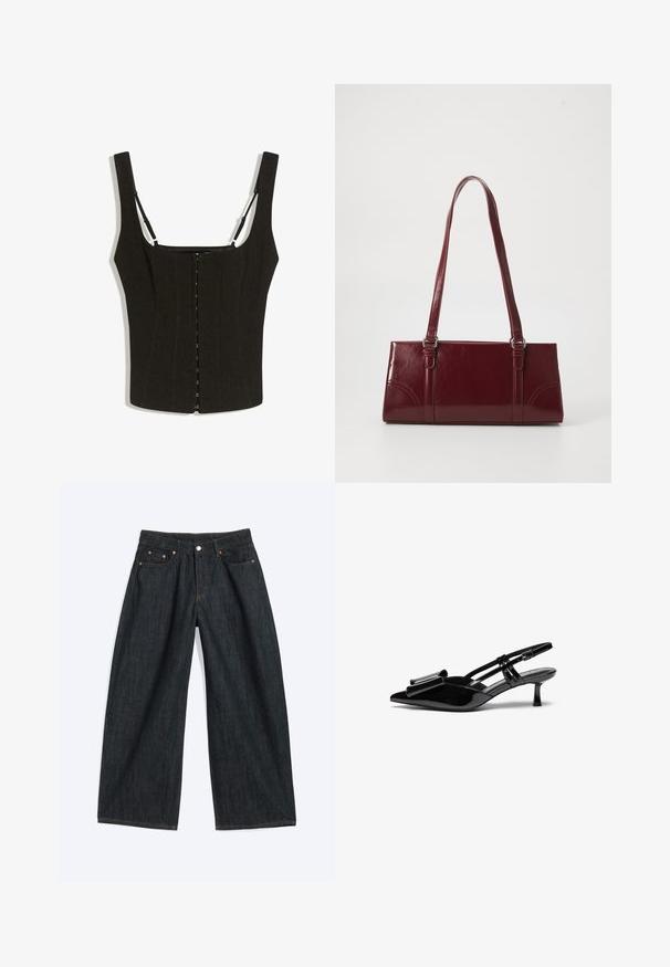 Haut noir ajusté sans manches avec larges bretelles, fermeture devant à agrafes, et fines bretelles réglables sur fond blanc.; Jean en denim bleu foncé à jambes larges avec bouton devant et design cinq poches, posé à plat sur un fond blanc.; Talons aiguilles en cuir verni noir avec un bout pointu, un détail en nœud à l'avant et un petit talon stiletto. Les brides sont équipées de boucles ajustables.; Sac à main bordeaux en matériau brillant, de forme rectangulaire, avec deux anses et des accents légèrement courbés à l'avant.
