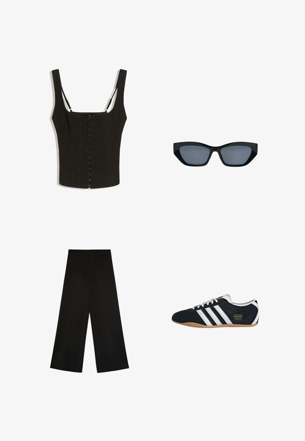 Haut noir ajusté sans manches avec larges bretelles, fermeture devant à agrafes, et fines bretelles réglables sur fond blanc.; Pantalon noir à jambes larges avec fermeture par bouton et zip, passants de ceinture et plis d’avant, posé à plat sur fond blanc.; Sneakers en suede noir avec trois bandes blanches, logo doré et semelle en caoutchouc marron. Présente un design à lacets à profil bas.; Lunettes de soleil noires style œil de chat avec des montures épaisses et des verres teintés foncés, présentées sur fond blanc.