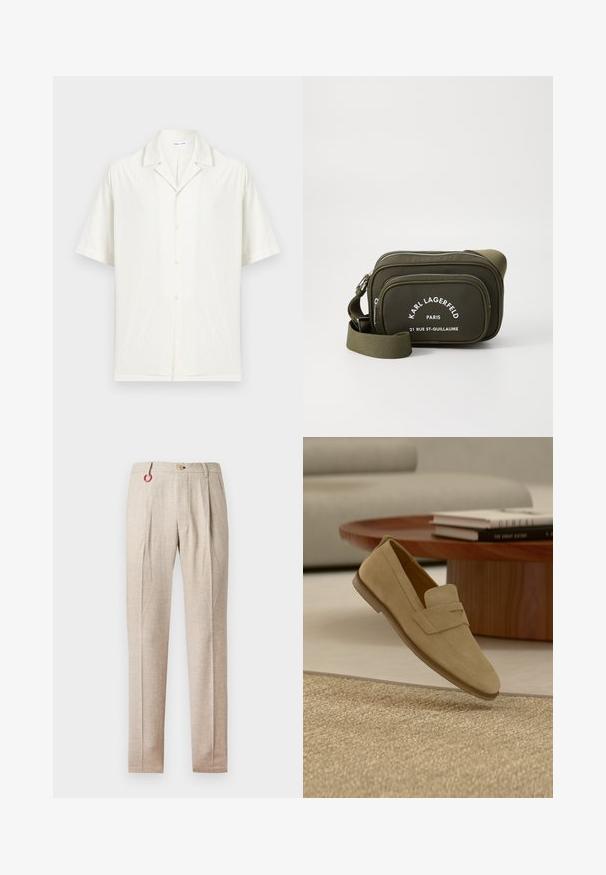 Chemise blanche à manches courtes avec col campagnard et tissu texturé subtil, présentée sur un fond clair uni.; Pantalon beige sur mesure avec plis à l'avant, passants pour ceinture, fermeture à bouton, et un petit détail d'anneau rouge sur le côté gauche.; Mocassin en daim beige flottant au-dessus d'un tapis tissé beige, avec une table basse ronde en bois et des livres empilés en arrière-plan.; Sac bandoulière vert olive en matériau texturé, doté de deux compartiments zippés et d'une marque imprimée en blanc à l'avant. Bandoulière réglable.