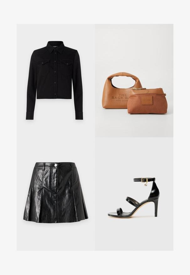 Sort cropped denimskjorte med lange ærmer, spids krave, frontlukning med trykknapper og to brystlommer. Har kontrasterende syninger.; Sort nederdel i imiteret læder med et smalnedesign, der har forreste folder, lukning med metal knap og sidelommer. Glat, blank overflade.; Sorte patenterede lædersandaler med tre stropper, ankelspænde og 10 cm stiletthæl. Har detaljer i guld og et logo charms.; Taske af tanfarvet læder med et rundt håndtag og præget logo; indeholder en mindre tanfarvet pung med lynlås og en firkantet mærkeetiket.