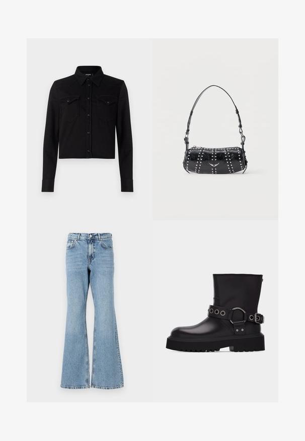 Zwarte cropped denim shirt met lange mouwen, puntkraag, sluiting met drukknopen aan de voorkant en twee borstzakken. Bevat contrasterende stikseldetails.; Lichtblauwe flared jeans van denim met een hoge taille, voorzien van een knoopsluiting, vijf zakken en een vervaagde wassing met subtiele whiskering.; Zwarte leren laars tot halverwege de kuit met dikke profielzool, decoratieve riem met zilverkleurige metalen oogjes en gesp aan de zijkant.; Zwarte lakleren schoudertas met zilveren studs in verticale rijen en een klein zilveren vogel-embleem in het midden aan de voorkant.