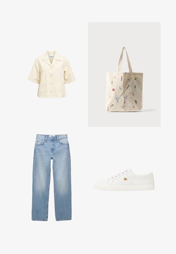 Veste beige à manches courtes avec boutons, deux poches devant et un col, étiquetée ".OBJECT" à l'intérieur de l'encolure.; Jean en denim bleu clair avec une coupe droite, style cinq poches et des détails de couture visibles. Le tissu a une texture douce et légèrement décolorée.; Lauren Ralph Lauren JANSON II CANVAS SNEAKER - Baskets basses - optic white; Sac cabas beige avec deux poignées, décoré de petites fleurs brodées colorées éparpillées sur le devant.