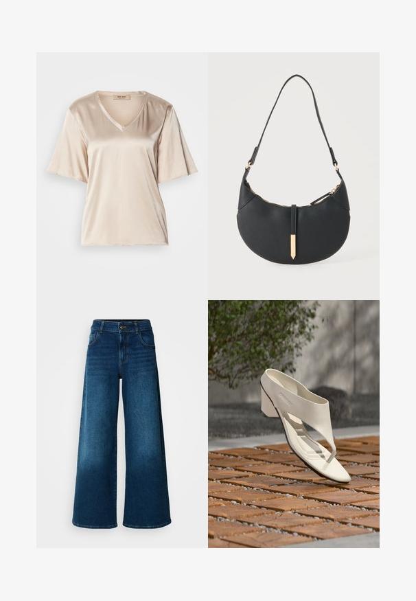 T-shirt en satin beige avec un col en V, des manches courtes évasées et une texture lisse. Le design est simple, sans motifs ni embellissements.; Jean large en denim bleu foncé. Doté d'une taille haute, d'une fermeture à bouton et d'un design classique à cinq poches avec une légère décoloration.; Sandale à talon en cuir blanc avec une large bride et un entre-doigts, exposée en extérieur sur une surface carrelée en bois et en gravier avec de la verdure en arrière-plan.; Sac à main noir en forme de croissant avec une bandoulière unique, une fermeture éclair dorée et une languette décorative rectangulaire dorée à l'avant.