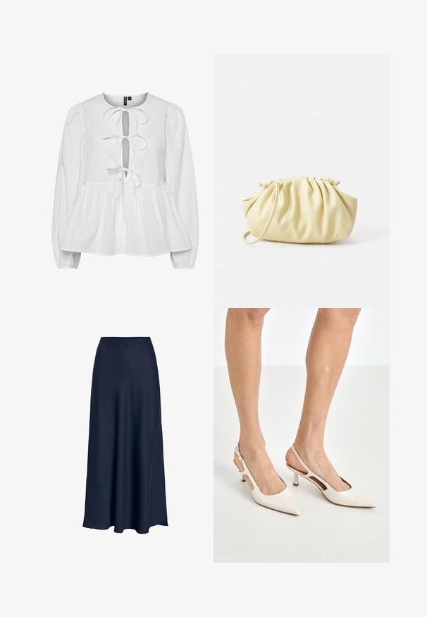 Blouse blanche avec de longues manches bouffantes, un col rond et un décolleté en forme de trou de clé avec un lien de fermeture. Taille froncée avec un ourlet évasé.; Jupe maxi en satin bleu marine avec une texture lisse, taille haute et silhouette fluide. Se termine par une légère courbe à l'ourlet.; Escarpins à talon slingback en cuir verni beige avec un bout pointu et un talon de 5 cm, présentant des côtés découpés et une fine bride à la cheville.; Sac à main plissé jaune en simili cuir lisse, arborant une forme douce avec une bandoulière unique et un design froncé sur le dessus.