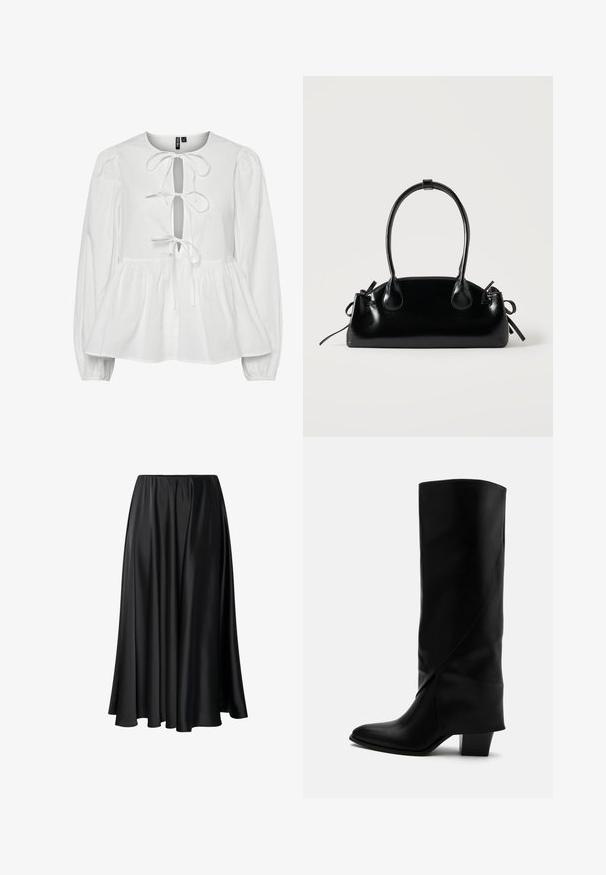 Blouse blanche avec de longues manches bouffantes, un col rond et un décolleté en forme de trou de clé avec un lien de fermeture. Taille froncée avec un ourlet évasé.; Jupe maxi noire en tissu lisse, dotée d'une taille élastique, d'une silhouette ample et d'un ourlet fluide sans motifs ni détails visibles.; Botte haute en cuir noir avec couture inclinée, bout pointu et talon épais de taille moyenne sur fond blanc.; Petit sac à main noir brillant avec deux longues anses et des détails à cordon sur les côtés sur un fond clair uni.