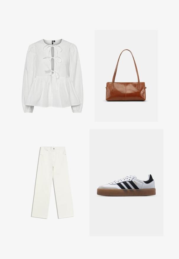 Witte blouse met lange pofmouwen, een ronde hals en een keyhole voorkant met een striksluiting. Gedeeltelijke taille met een uitlopende zoom.; Witte jeans met hoge taille en rechte pijpen, met voorzakken en een knoopsluiting op een witte achtergrond.; Witte leren sneakers met zwarte strepen, gumrubberen buitenzool, ronde neus, vetersluiting en een zachte grijze suède neuskap.; Rechthoekige bruine leren handtas met twee lange schouderriemen, een gladde glanzende afwerking en een minimalistisch ontwerp op een effen achtergrond.