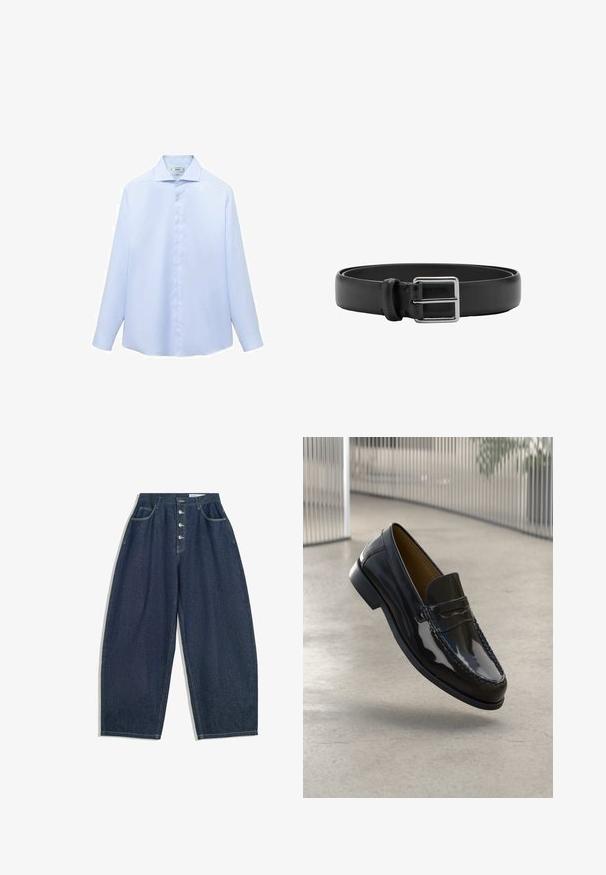 Lys blå langærmet skjorte i et glat stof, med en spids krave og en fuld knaplukning med hvide knapper. Ingen mønstre eller detaljer.; Mørkeblå denim bukser med brede ben og høj talje, fem knaplukninger og fem lommer. Har stikninger som accent på sømmene.; Sorte patentlæder loafer med en syet detalje, rund tå, lav hæl og glat overflade, præsenteret mod en neutral baggrund.; Sort læderbælte med spænde i sølvfarvet rektangulært metal og en enkelt løkke til fastgørelse.