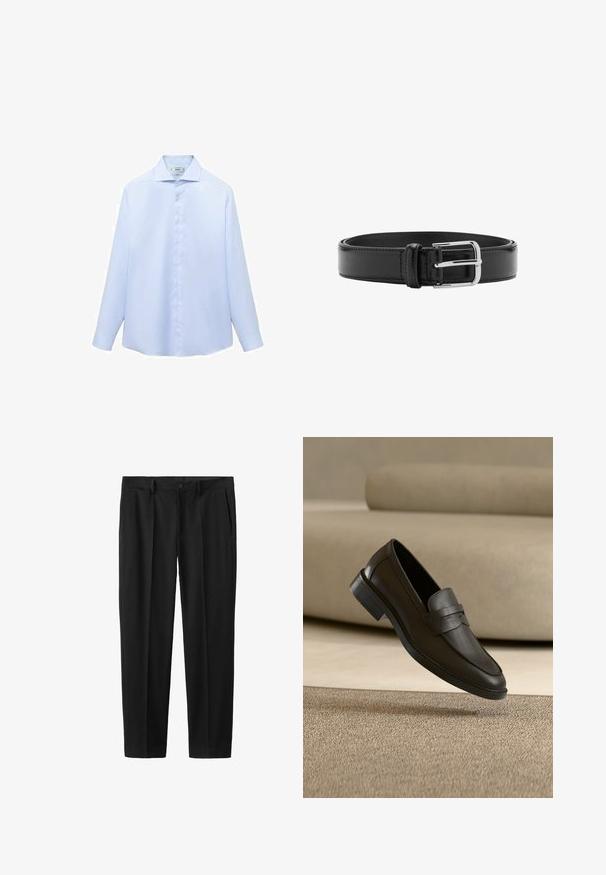 Camisa de manga larga azul clara en un tejido suave, con cuello puntiagudo y botonera completa con botones blancos. Sin estampados ni acentos.; Pantalones negros de pierna ancha con textura suave, cierre de un solo botón y bolsillos frontales, con un diseño clásico y a medida.; Zapato mocasín de cuero negro descansando sobre una alfombra beige con un sofá beige curvado en el fondo.; Cinturón de cuero negro con costuras visibles y una hebilla plateada brillante, colocado plano en posición enrollada sobre un fondo blanco.