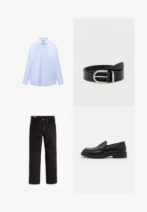 Camisa de manga larga azul clara en un tejido suave, con cuello puntiagudo y botonera completa con botones blancos. Sin estampados ni acentos.; Vaqueros de mezclilla negros de pierna recta con cinco bolsillos, cierre de botón y trabillas para cinturón, dispuestos sobre un fondo blanco.; Mocasines de cuero negro con puntera redondeada, costuras tonales y un detalle de tira en la parte frontal. Suela de goma con un tacón bajo.; Cinturón de cuero negro con una textura suave, que presenta una hebilla de metal plateado y una forma rectangular clásica.