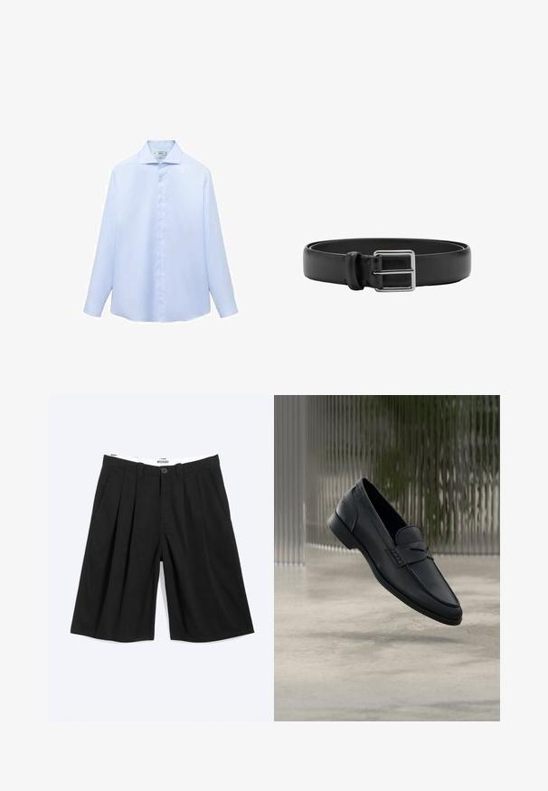 Camisa de manga larga azul clara en un tejido suave, con cuello puntiagudo y botonera completa con botones blancos. Sin estampados ni acentos.; Pantalones cortos negros plisados hasta la rodilla con trabillas para cinturón, bolsillos laterales y cierre con botones, mostrados planos sobre un fondo blanco.; Zapato tipo mocasín de cuero negro con acabado liso, punta puntiaguda y detalles cosidos en la pala. Tacón bajo y diseño minimalista.; Cinturón de cuero negro con hebilla metálica rectangular plateada y una sola trabilla para sujetar.