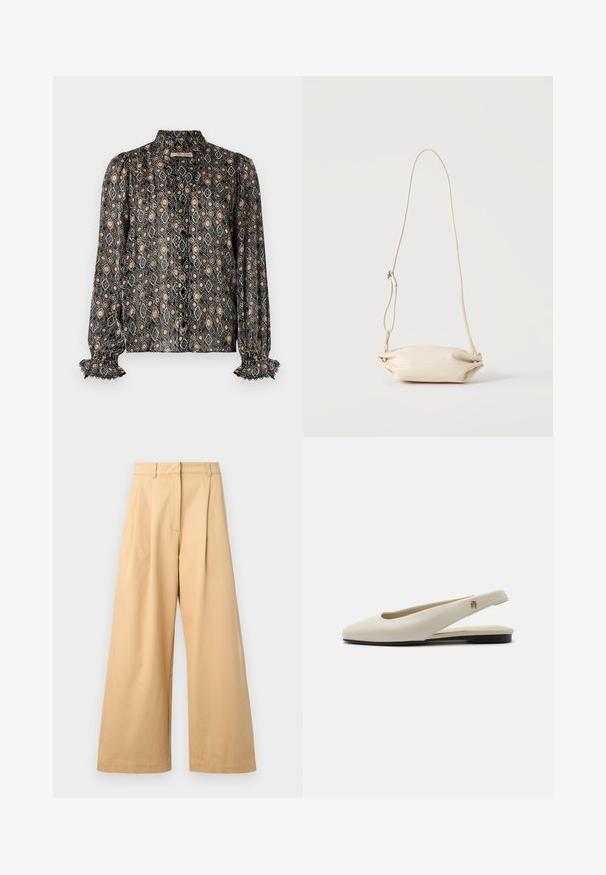 Blusa negra con estampado de formas de diamante en beige, gris y negro. Cuenta con un cuello alto, cierre de botón y puños con volantes.; Pantalones anchos de color beige, confeccionados en suave algodón, con un frente plano, pliegues y bolsillos laterales visibles.; Zapato plano slingback de cuero color crema con puntera redondeada y pequeño emblema dorado en la correa.; Bolso bandolera pequeño de cuero beige con correa ajustable, mostrado sobre un fondo claro y liso.